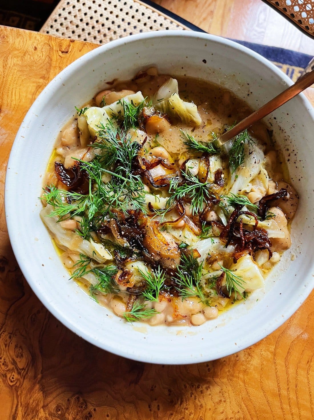 Dilly Bean Stew with Cabbage and Frizzled Onions