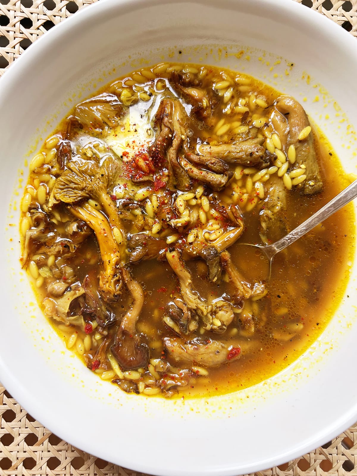 Golden Mushroom Soup with Buttered Orzo